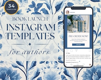 Plantillas de Instagram para el lanzamiento de libros para autores / Colección Blue Toile / 34 publicaciones de Canva / Paquete de marketing de libros en redes sociales PPBT