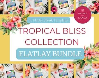 Tropical Bliss Bookstagram Mockup Bundle | 10 Editable eBook Flatlays for Canva | iPad, Kindle, and Tablet Mockups for Authors MOCKUP
