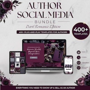 Puede incluir: Un paquete de marketing digital para autores, con un portátil, una tableta y un smartphone que muestran plantillas de sitios web y redes sociales. El diseño es oscuro con acentos borgoña y elementos florales. El texto incluye "Author Social Media Bundle" y "400+ Templates."