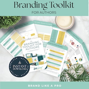 May include: A branding toolkit for authors featuring multiple printed worksheets with teal and yellow accents. The central document is titled The Branding Toolkit for Authors, Nail Your Author Brand and Instagram Style Guide from Plot Point Studios.