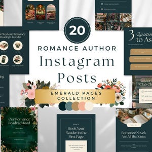 May include: A collection of 20 Instagram post templates for romance authors. The design features a dark teal background with gold accents and floral elements. The posts cover topics like writing process, reading checklists, and book giveaways.
