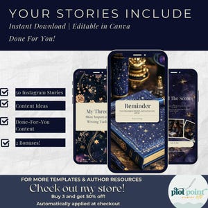Historie autora na Instagramie, szablony Celestial Witchy Bookstagram, zestaw do mediów społecznościowych dla autorów mrocznych romansów, edytowalne historie Canva, nastrojowy PPEC zdjęcie 2