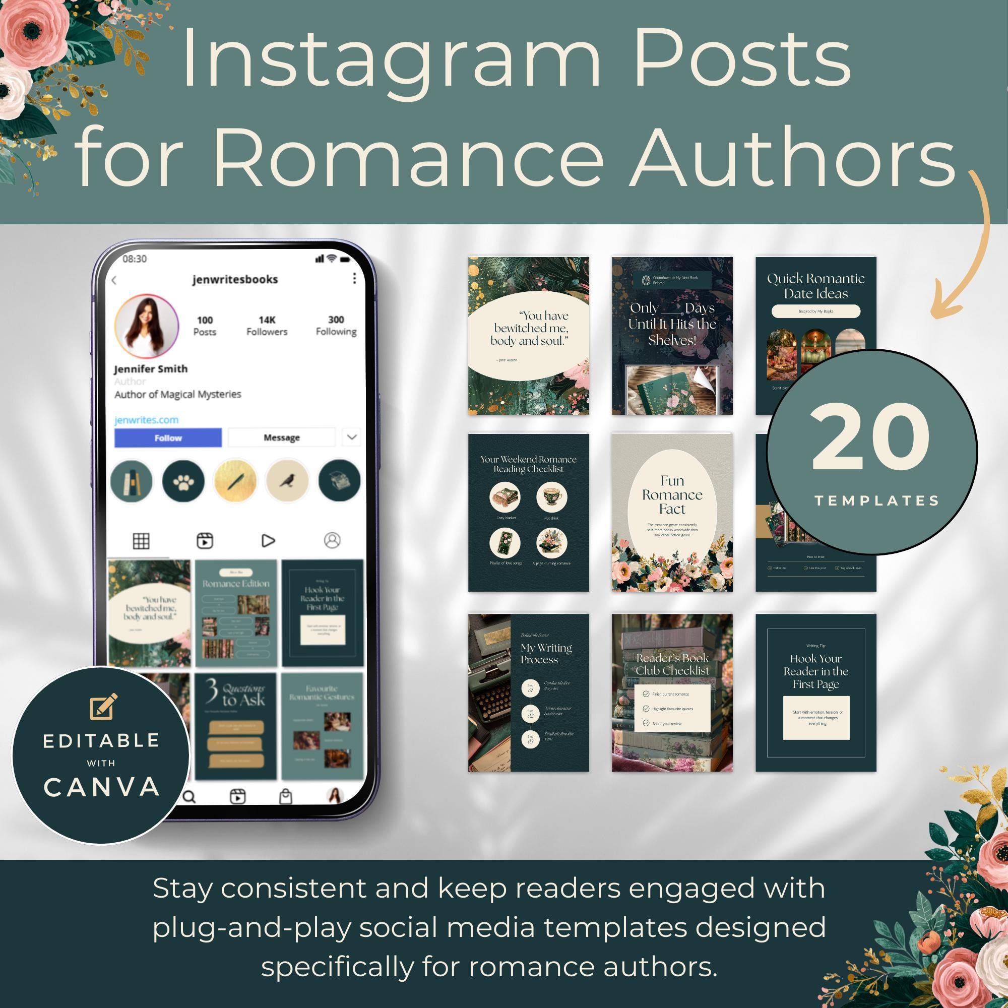 Romance Author Instagram Templates – Emerald Pages Canva Pack – 20 ...