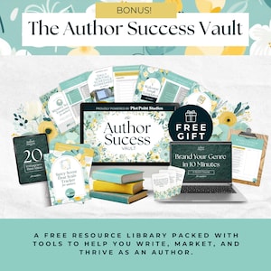 The image is an advertisement for a "The Author Success Vault" that includes various resources and tools for authors, such as a book, a laptop, and a free gift.