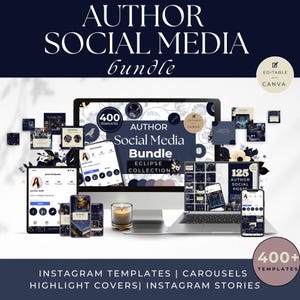 Puede incluir: Una pantalla de ordenador que muestra una colección de plantillas de redes sociales para autores. Las plantillas presentan un esquema de color azul oscuro y morado con acentos florales. El texto en la pantalla dice "Author Social Media Bundle Eclipse Collection".
