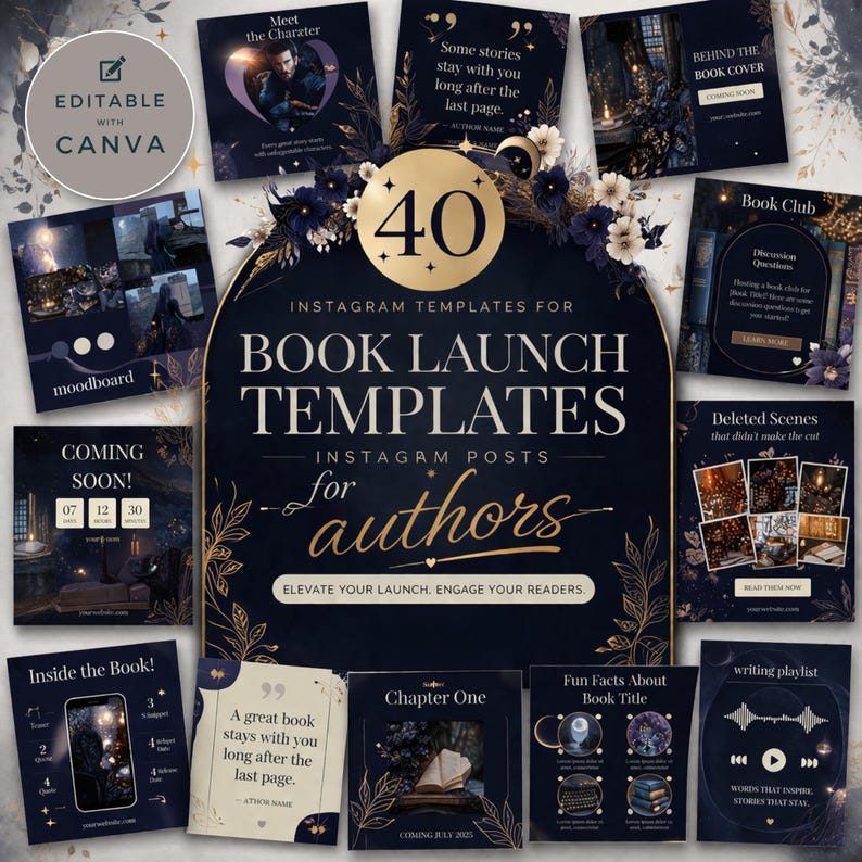 Puede incluir: Un gr&aacute;fico azul marino oscuro con 40 plantillas de Instagram para publicaciones de lanzamiento de libros para autores. Las plantillas incluyen varios dise&ntilde;os con texto como "Meet the Character", "Book Club" y "Chapter One". La imagen est&aacute; decorada con detalles florales.
