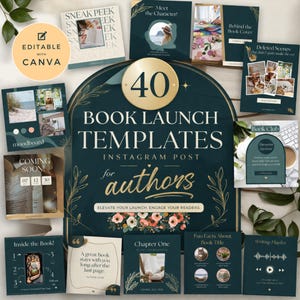 Op de afbeelding: Een verzameling van 40 Instagram post templates voor auteurs, met een donkergroen en goud kleurenschema. Het ontwerp bevat verschillende lay-outs voor boekpromotie, met tekst als "Sneak Peek" en "Meet the Character!". De templates zijn bewerkbaar met Canva.