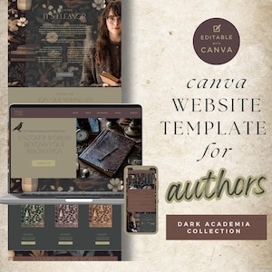 May include: A website template for authors, displayed on a laptop, tablet, and phone, showcasing a dark academia theme. The design includes the text "IT'S ELEANOR", "UNCOVER WORLDS BEYOND YOUR IMAGINATION", and "DARK ACADEMIA COLLECTION".