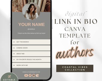 Modello di collegamento nella biografia, modello di collegamento nella biografia di Instagram, modello di collegamento nella biografia di Canva, modello Canva per scrittori, marchio di autore rosa neutro PPCV
