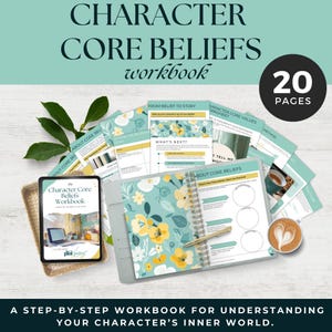 May include: A workbook titled "Character Core Beliefs" with a teal cover and floral design. The image includes a tablet, open notebook, and loose pages, all with the same theme. The workbook is described as a step-by-step guide.