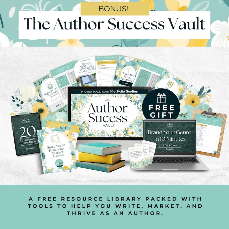The image is an advertisement for a "The Author Success Vault" that includes various resources and tools for authors, such as a book, a laptop, and a free gift.