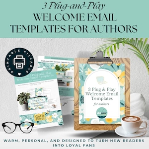 Pode incluir: Imagem promocional de modelos de e-mail de boas-vindas para autores. A imagem apresenta uma prancheta com um design floral, uma xícara de café e materiais impressos. O texto diz: "3 Plug-and-Play Welcome Email Templates for Authors."