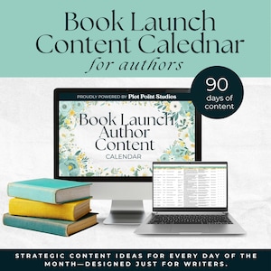 May include: A computer setup featuring a desktop monitor and a laptop, both displaying a book launch content calendar for authors. The monitor shows a floral design with the text "Book Launch Author Content Calendar." Three books are stacked in front. The image includes the text "90 days of content."