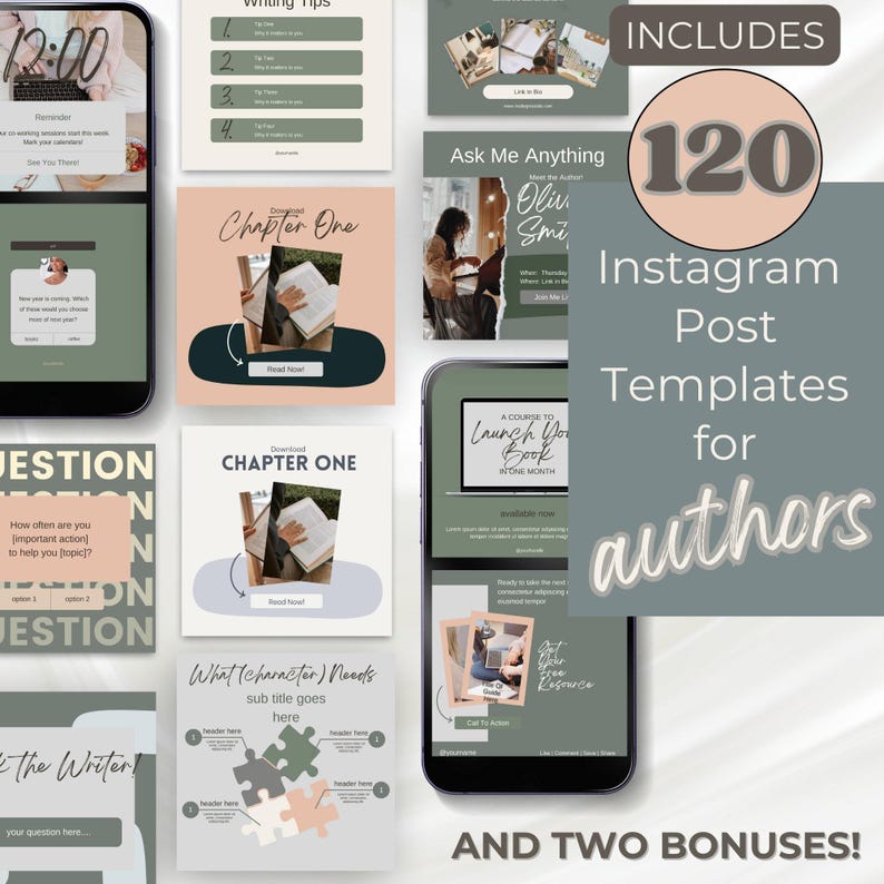 Green Gray Pink Neutral Instagram Posts Canva Template Writers Social ...
