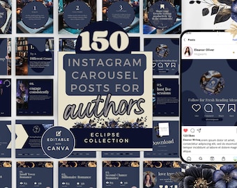 Plantillas de Instagram para autoras de romance con temática de brujería celestial, carruseles para escritoras de romance oscuro, plantillas de Canva para redes sociales, marca personal para autores PPEC