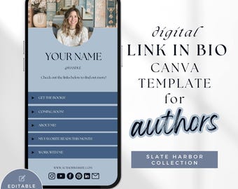 Modello di collegamento nella biografia, modello di collegamento nella biografia di Instagram, modello di collegamento nella biografia di Canva, modello Canva per scrittori, marchio Blue Author PPSH