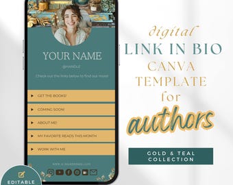 Modello di collegamento nella biografia, modello di collegamento nella biografia di Instagram, modello di collegamento nella biografia di Canva, modello Canva per scrittori, marchio autore TEAL GOLD PPGT