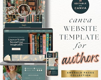 Modello autore verde, modello sito web Canva per autori, modello sito web autore, personalizzazione facile, sito web autore oro, PPEP