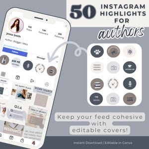 Neutral, Blue Grey, Author Instagram, Highlight Covers, Canva Template, Writers Social Media Posts, Highlight, Bookstagram Templates:PPML
