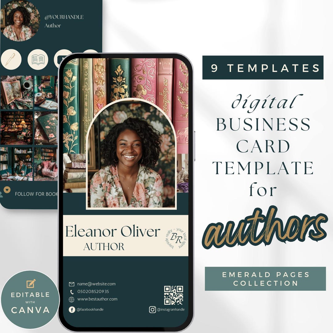 Author Business Card - Green, Gold, Teal Branding for Authors - Digital ...