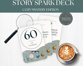 以下が含まれることがあります： 「The Charming & Intriguing STORY SPARK DECK COZY MYSTERY EDITION」のテキストが入ったストーリースパークデッキ。 デッキには、フローラルデザインのカード、虫眼鏡、ラテアートのコーヒーカップが含まれています。 「60 Sparks for cozy mystery」のテキストが表示されています。