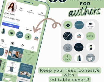 50 plantillas de Canva para portadas destacadas de Instagram de autores en azul y verde para escritores y publicaciones en redes sociales. Plantillas de Instagram y Bookstagram para autores: PPEXEC