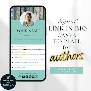Modelo de link na bio, modelo de link no Instagram na bio, modelo de link na bio do Canva, modelo do Canva para escritores, modelo de site de autor PPSURF