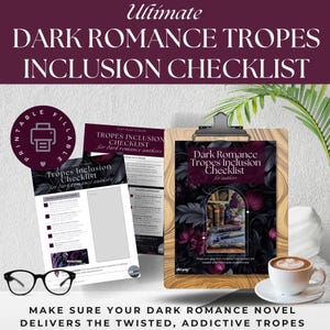 Puede incluir: Una lista de verificación para autores de romance oscuro, con el texto "Ultimate Dark Romance Tropes Inclusion Checklist". La imagen incluye una carpeta con una lista de verificación, una taza de café y un par de gafas. La lista de verificación está diseñada para ayudar a los autores a ofrecer tropos retorcidos y adictivos.