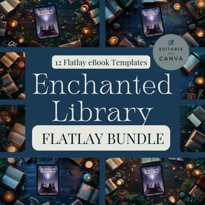 Enchanted Library Bookstagram モックアップバンドル | Canvaで編集可能な電子書籍フラットレイ12選 | 著者向けiPad、Kindle、タブレットモックアップ MOCKUP