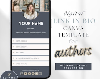 Modello di collegamento nella biografia, modello di collegamento nella biografia di Instagram, modello di collegamento nella biografia di Canva, modello Canva per scrittori, marchio autore BLU neutro PPML