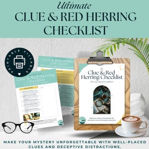 Può includere: Un elenco di controllo intitolato "Clue & Red Herring Checklist" per autori di misteri accoglienti. L'immagine presenta un appunti con un elenco di controllo, una tazza di caffè e un paio di occhiali. Il testo recita: "Rendi il tuo mistero indimenticabile con indizi ben posizionati e distrazioni ingannevoli."