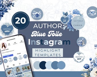 Portadas destacadas de Instagram para autores con estampado Blue Toile: Plantilla de Canva (Descarga digital)
