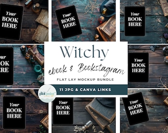 Może przedstawiać: Pakiet makiety typu flat lay o tematyce wiedźmińskiej. Obraz przedstawia wiele tabletów z tekstem "Your BOOK HERE" na ciemnej drewnianej powierzchni, otoczonych książkami, miksturami i kapeluszem czarownicy. Widoczny jest również tekst "Witchy ebook & Bookstagram".