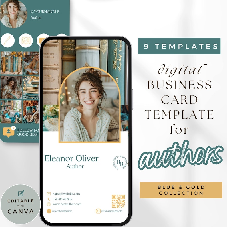 Digital Business Card Template, Author Business Card, Gold Author ...