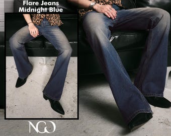 Men's 70s Style Flare Jeans - Midnight Blue Denim Bell Bottoms