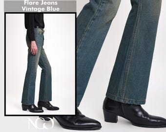 Men's Vintage Blue Denim Flare Jeans - 70s Style Bell Bottoms