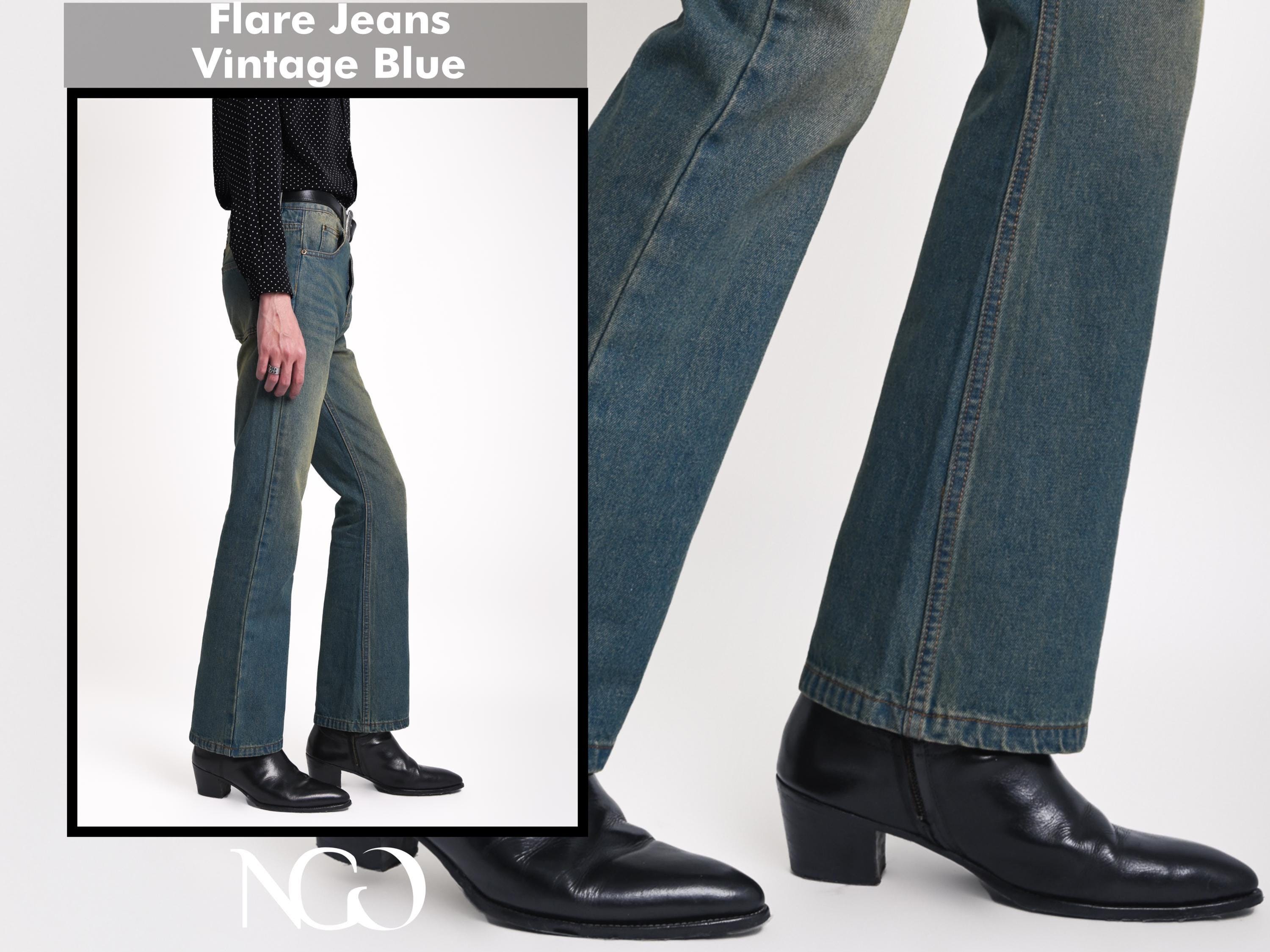 Mens Bell Bottom Jeans 70s Outfits for Men, Mens Bell Bottoms Disco Pants Flared Jeans, Blue, 32W