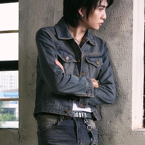 NGO - Cropped Denim Jacket Light Blue men, y2k. punk rock, for slimmer rocker man, gift for him