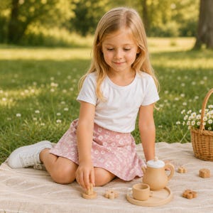 Puede incluir: Una niña juega con un juego de té de madera sobre una manta en un parque. El juego incluye una tetera, una taza de té y una bandeja. Lleva una camiseta blanca y una falda rosa con flores. Una cesta de mimbre con flores está cerca.