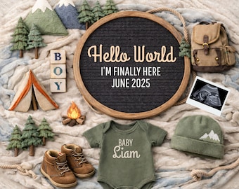 Adventure Baby Announcement Template, Woodland Pregnancy Reveal (Editable Canva Digital Download)