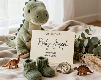 Cozy Dinosaur Pregnancy Announcement Canva Template, Neutral Baby Reveal Digital Download, Little Dino Theme