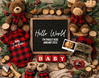 Lumberjack Baby Announcement Digital Template, Buffalo Plaid Pregnancy Reveal, Rustic Baby Reveal, Canva Template