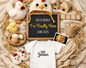 Chick Farm Baby Announcement, Neutral Pregnancy Reveal (Canva Template Digital Download)