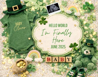Lucky Green Clover Baby Announcement, St Patrick Pregnancy Reveal, Editable File, Canva Template