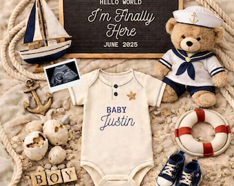 Little Sailor Baby Announcement Digital Template, Nautical Pregnancy Reveal, Baby Boy Reveal, Canva Template