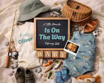 Fishing Baby Announcement Digital Template, Editable Pregnancy Reveal, Neutral Baby Reveal, Canva Template