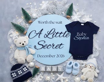 Snowy Baby Announcement Template, Soft Winter Pregnancy Reveal, Blue Snowflake Baby Design