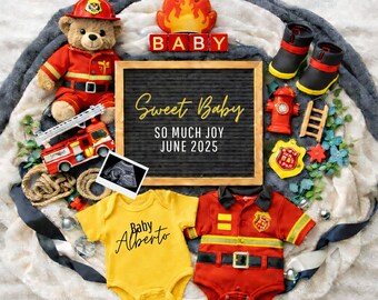 Firefighter Baby Announcement Digital Template, Boy Pregnancy Reveal, Canva Template