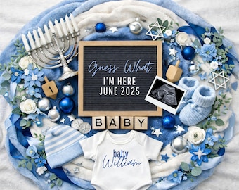 Hanukkah Baby Announcement Digital Template, Jewish Pregnancy Reveal, Blue Neutral Baby Reveal, Canva Template