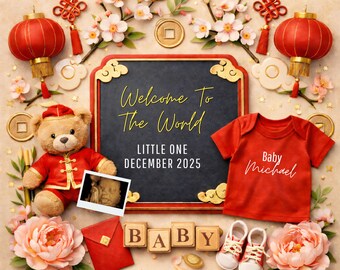 Chinese New Year Baby Announcement Digital Template, Lunar New Year Pregnancy Reveal, Red Gold Theme, Canva Template